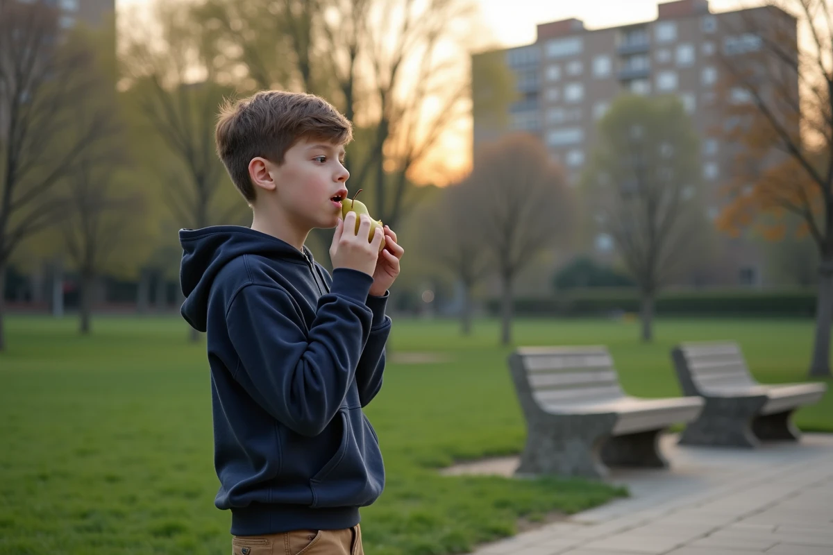 Adolescent mangeant une poire dans un parc urbain en soirée