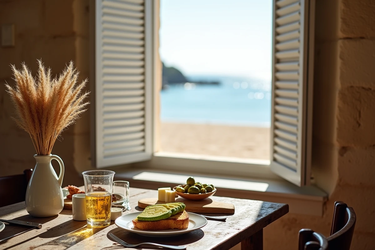 Intérieur d'un restaurant de bord de mer à Hyères avec une table de brunch provençal et vue sur la plage par une fenêtre ouverte