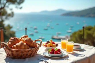 Table de brunch dressée sur une terrasse en bois avec vue sur la mer à Hyères, croissants et jus d'orange au premier plan
