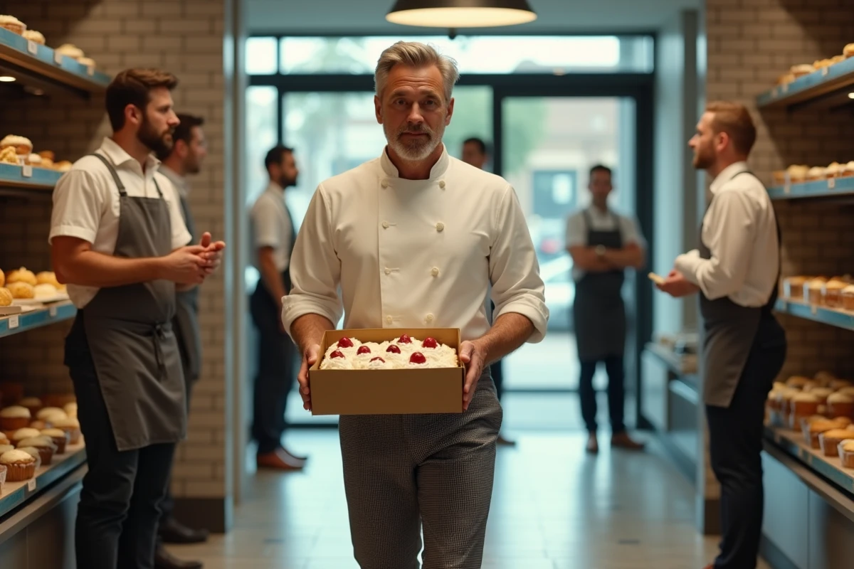 Chef avec gâteau en main dans une patisserie animée