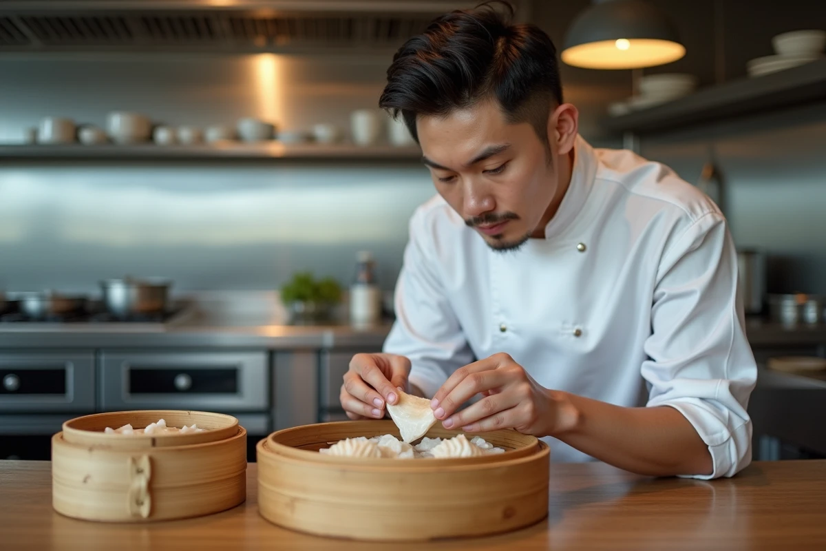 Jeune chef contrôlant la texture de poissons dans un panier vapeur