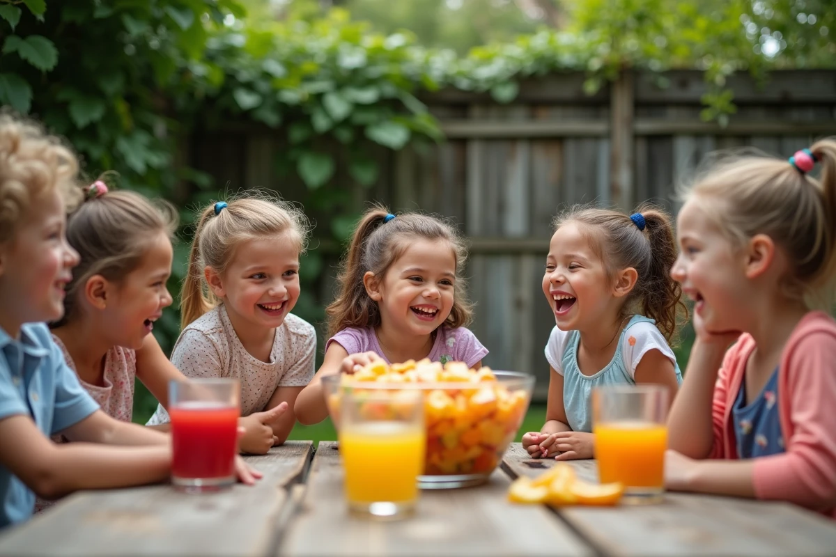 Enfants joyeux mélangeant des jus dans le jardin