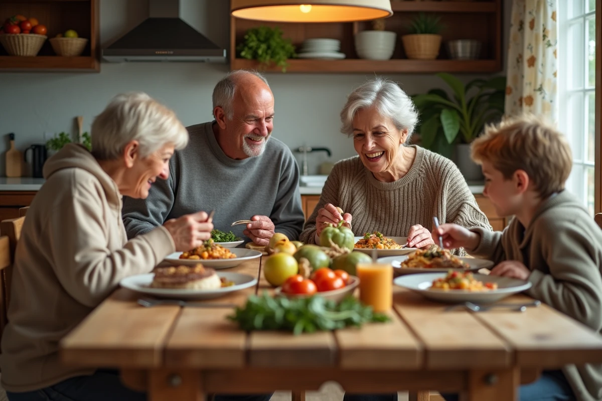 Famille réunie autour d un repas fait maison dans la cuisine