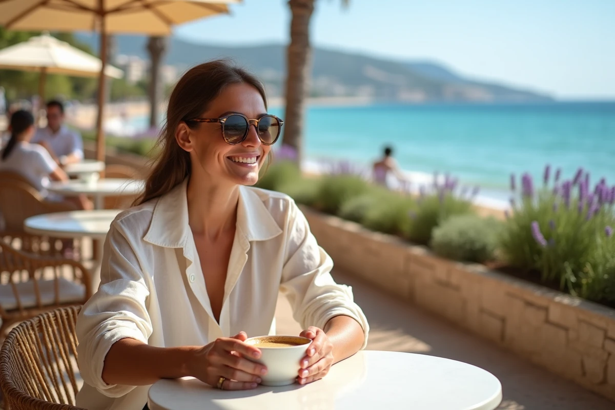 Femme savourant un café au lait en terrasse de bord de mer à Hyères avec vue sur la Méditerranée
