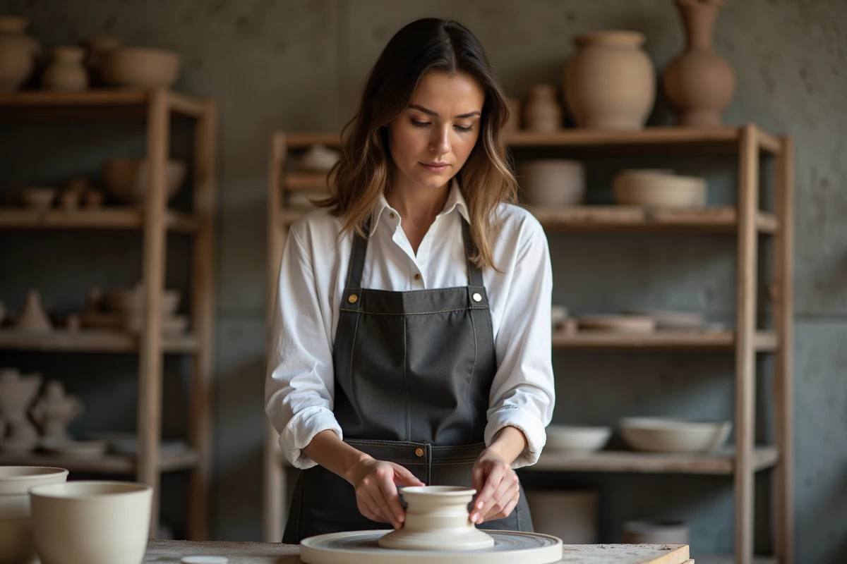 Jeune femme ajustant son tablier en cuir devant un tour de potier