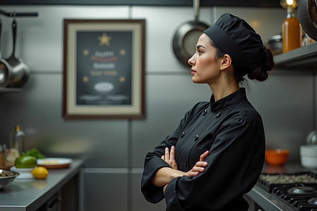 Femme chef dans une cuisine professionnelle contemplant un certificat Michelin