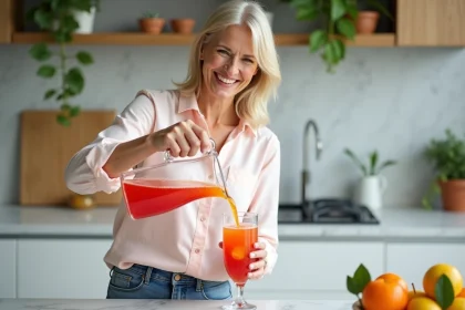 Femme souriante versant punch coloré dans la cuisine lumineuse