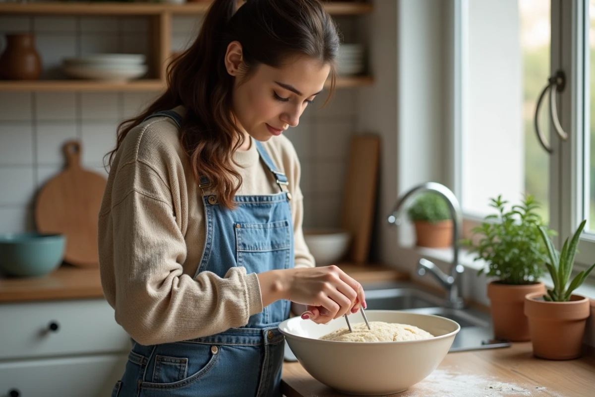 Jeune femme testant la température de la pâte dans la cuisine