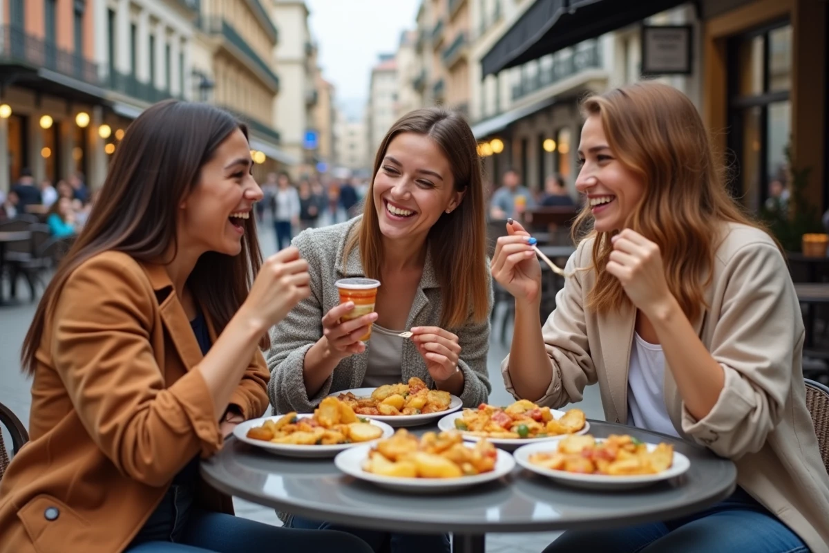 Jeunes amis dégustant tapas dans une place de Madrid en plein air