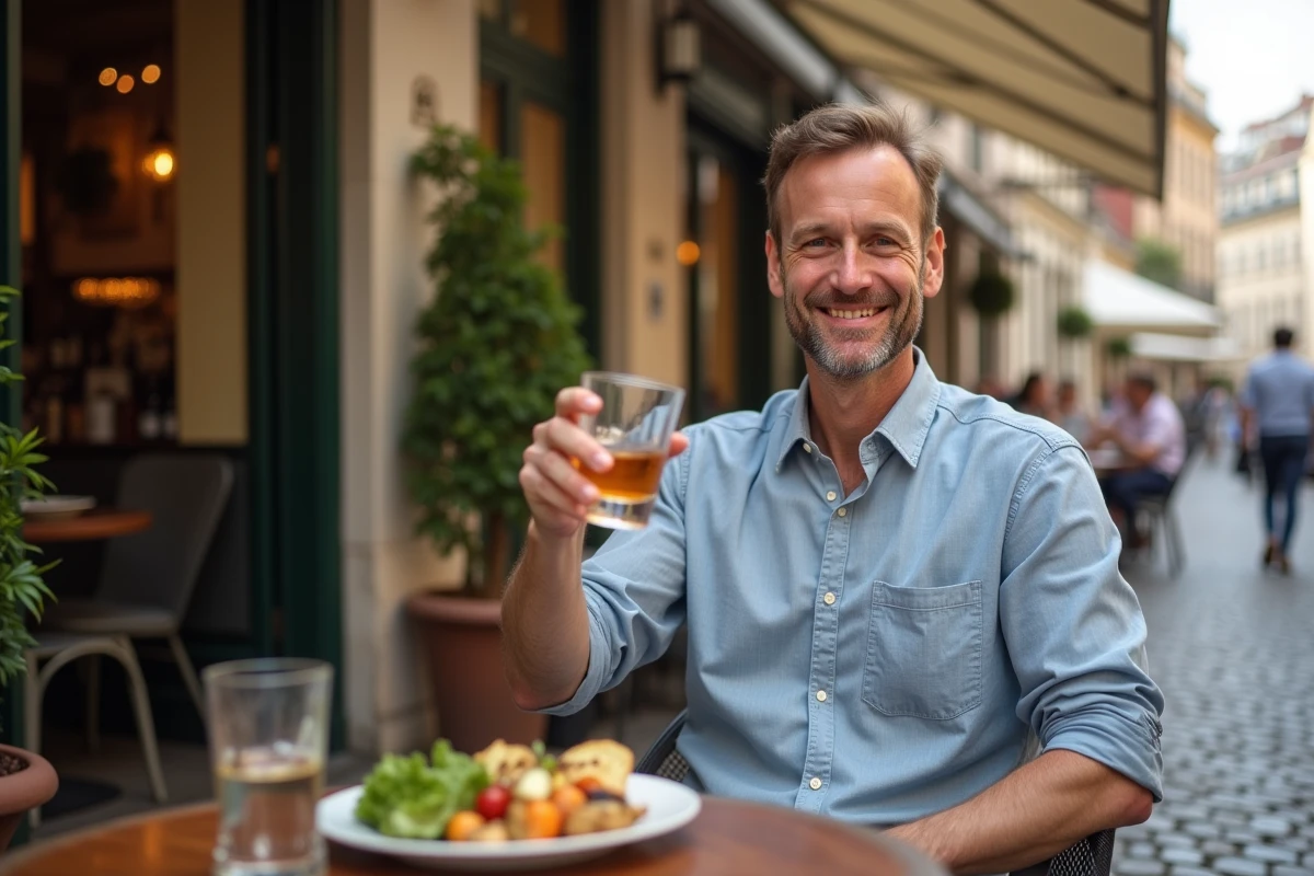 Homme souriant levant un verre dans un café extérieur