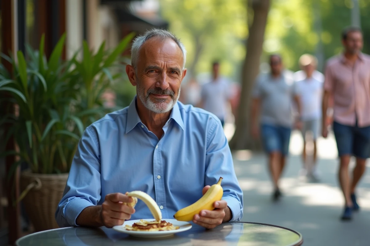 Homme avec banane dans un café en plein air