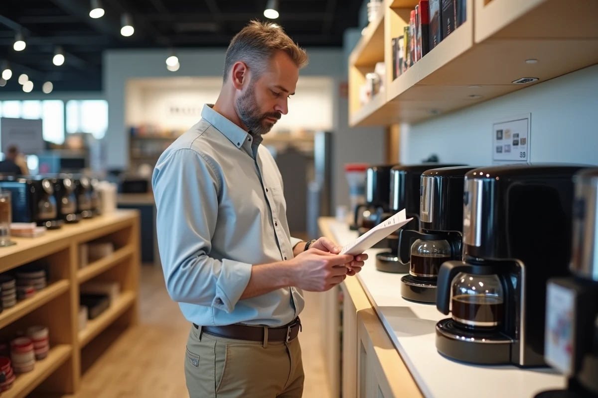 Homme lisant un guide de machines à café en magasin