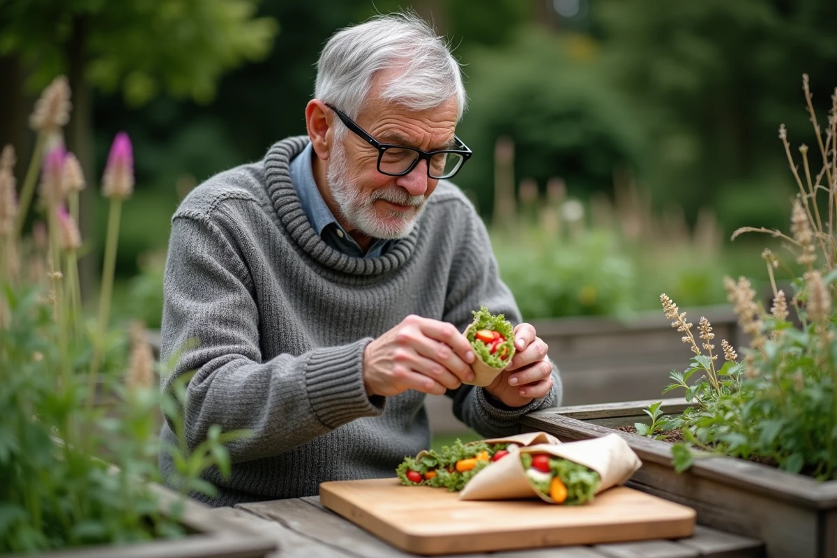 Homme préparant un wrap vegan dans un jardin communautaire