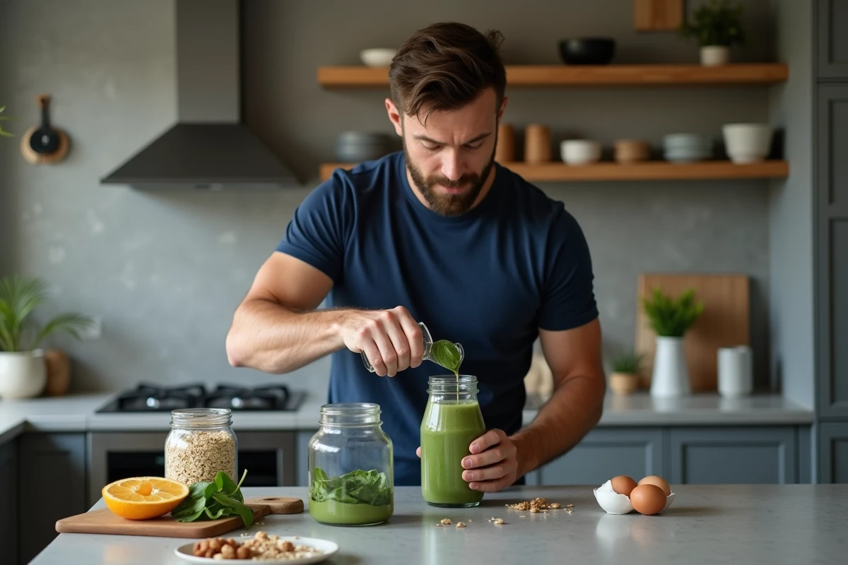 Homme préparant un smoothie dans une cuisine minimaliste