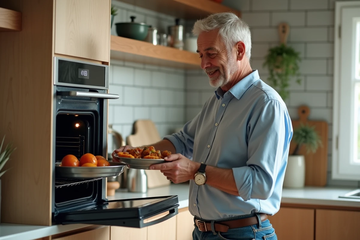 Homme retire un plat cuit dans un four vapeur intégré