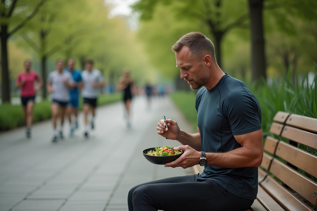 Homme sportif dégustant une salade de legumes en plein air
