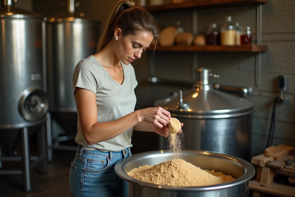 Jeune femme mesurant du sucre brut dans une distillerie artisanale