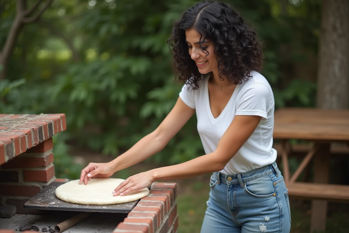 Jeune femme plaçant une pâte à pizza sur un four extérieur en pierre
