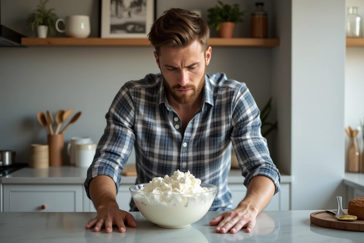 Jeune homme regardant la chantilly dans un bol