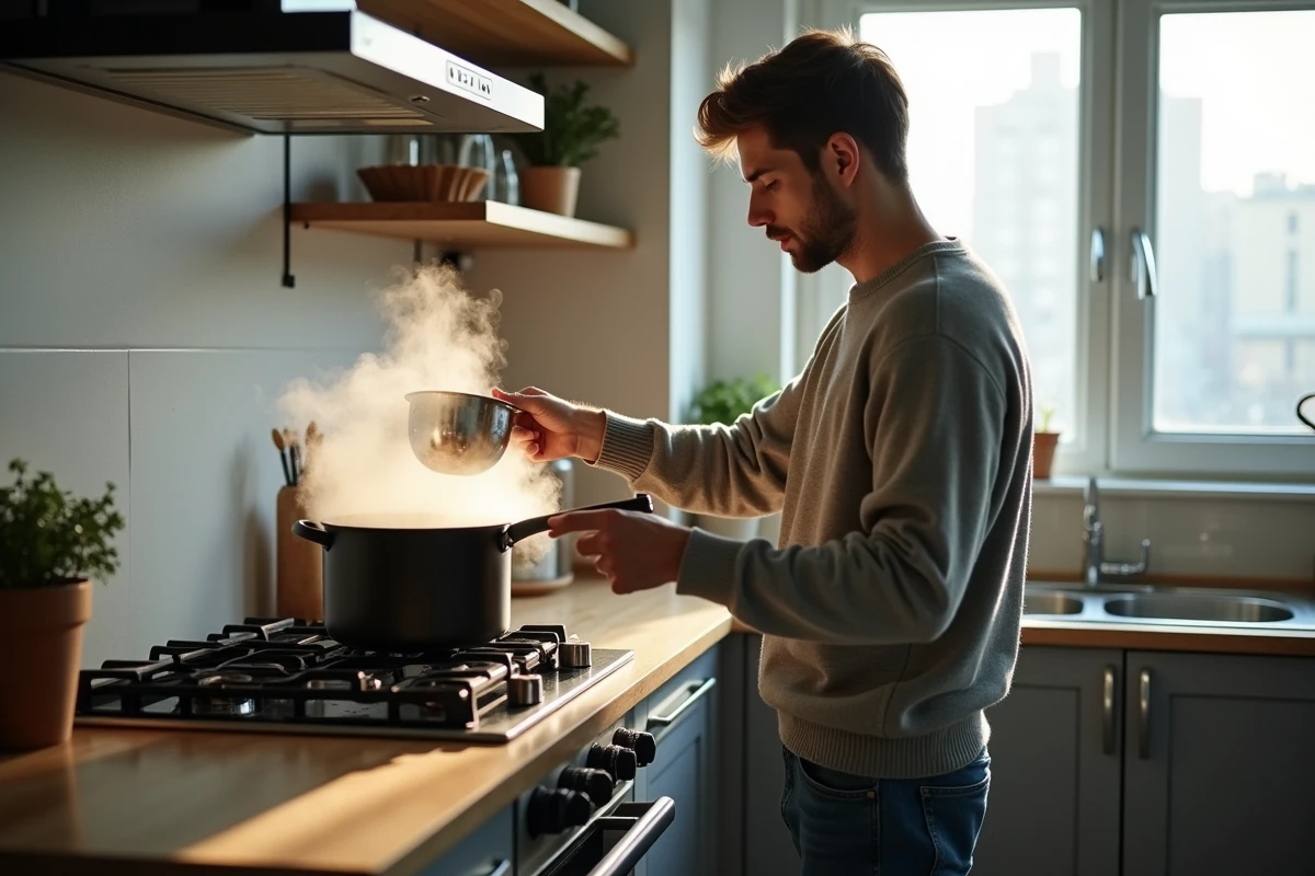 Jeune homme cuisine à la vapeur dans une cuisine moderne