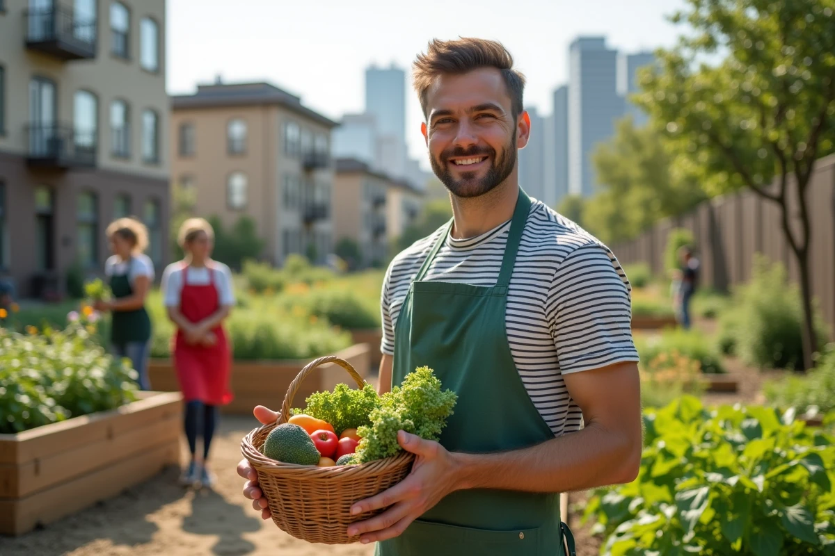 Jeune homme dans un jardin communautaire avec panier de légumes