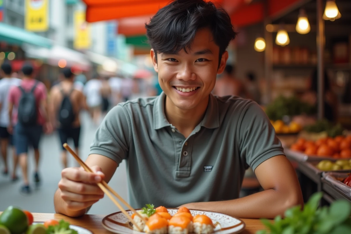 Jeune homme tenant des baguettes au marché urbain