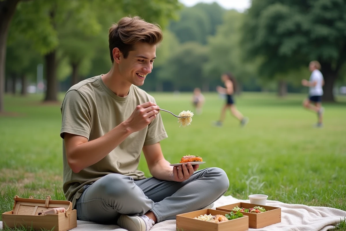 Jeune homme dégustant un repas en plein air dans un parc