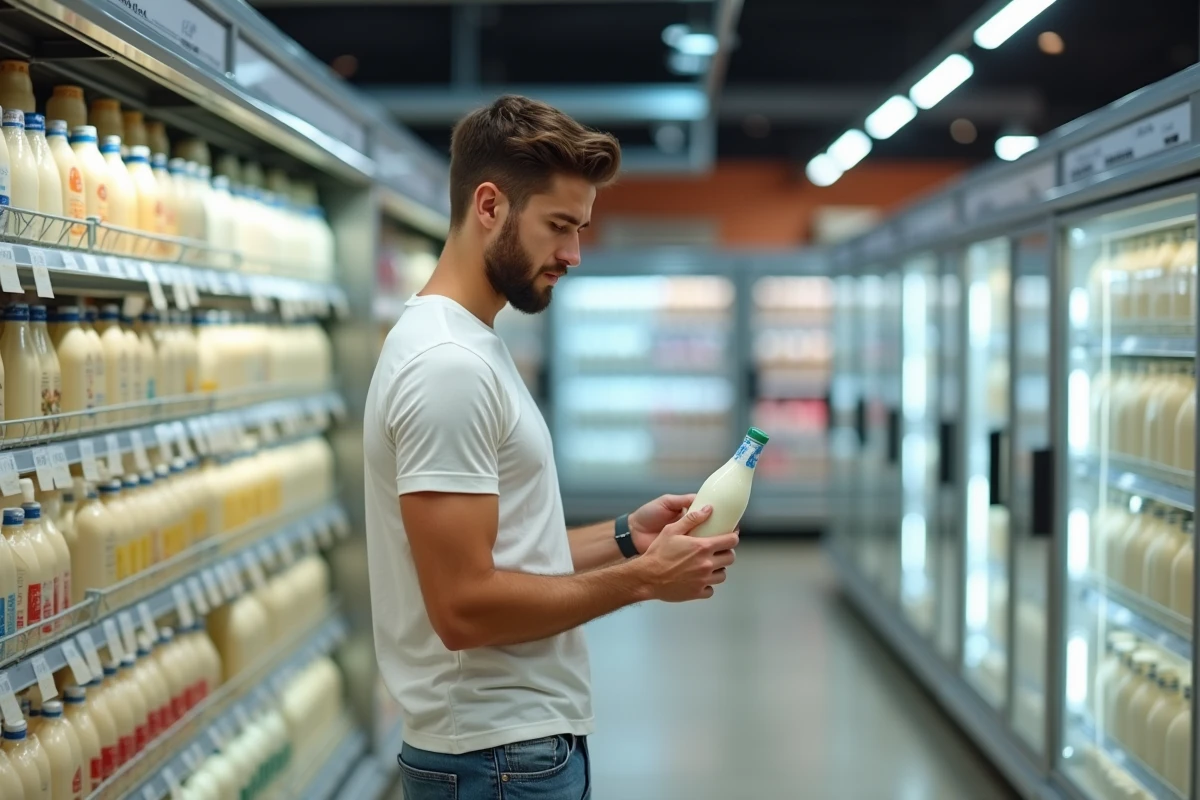 Jeune homme lisant une étiquette de lait au supermarche
