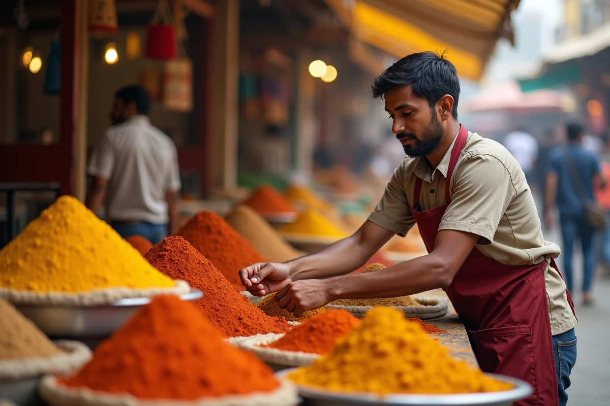 Jeune vendeur d epices au marché en plein air
