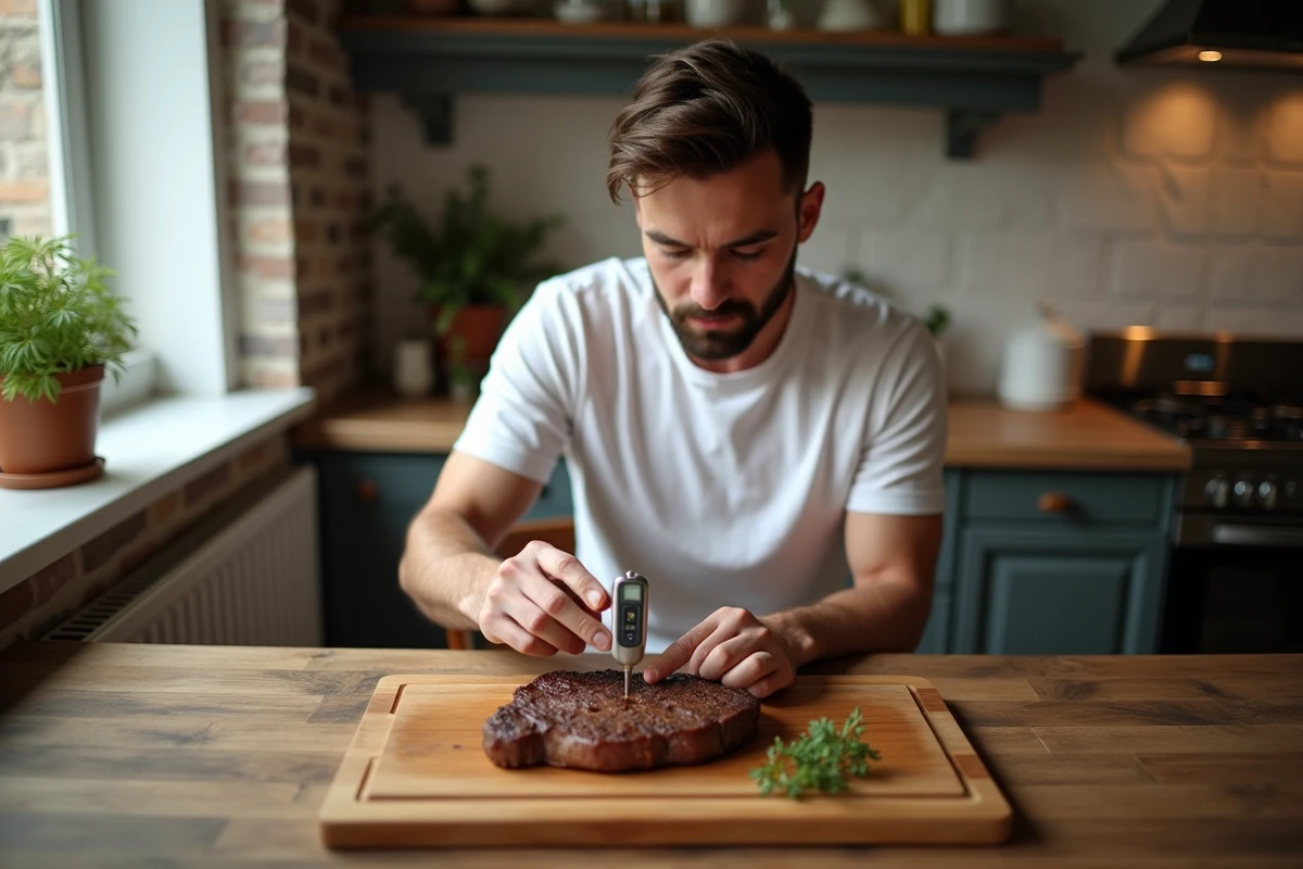 Jeune homme insérant un thermomètre dans un steak sur une planche en bois