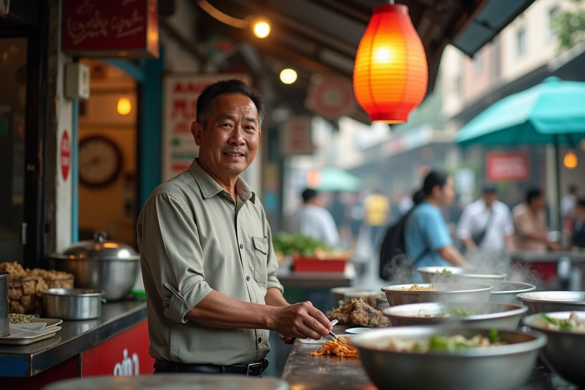 Vendeur vietnamien sertant des bols de pho dans un marché animé