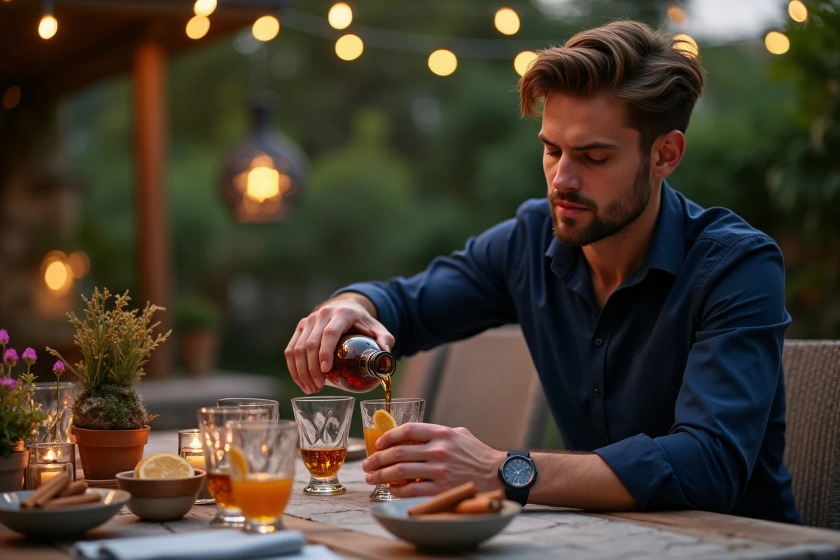 Jeune homme versant whisky sur terrasse en soirée